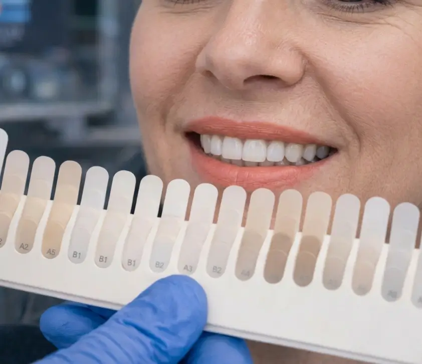 Teeth whitening shade guide held to a patient's smile at Dental Elements in Shawnee, Leawood and Wellsville, KS