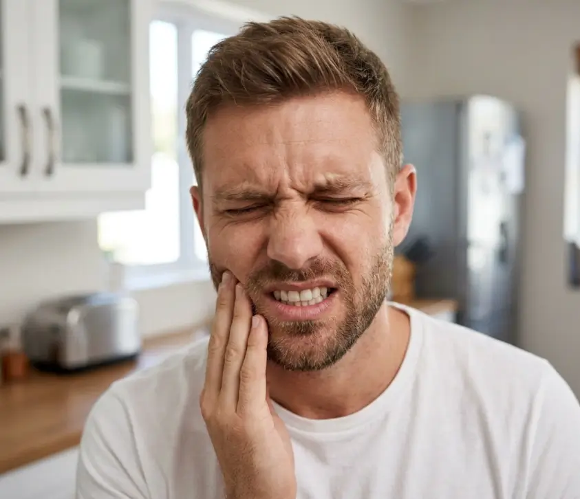 Man with tooth pain needing emergency dental care at Dental Elements in Shawnee, Leawood and Wellsville, KS